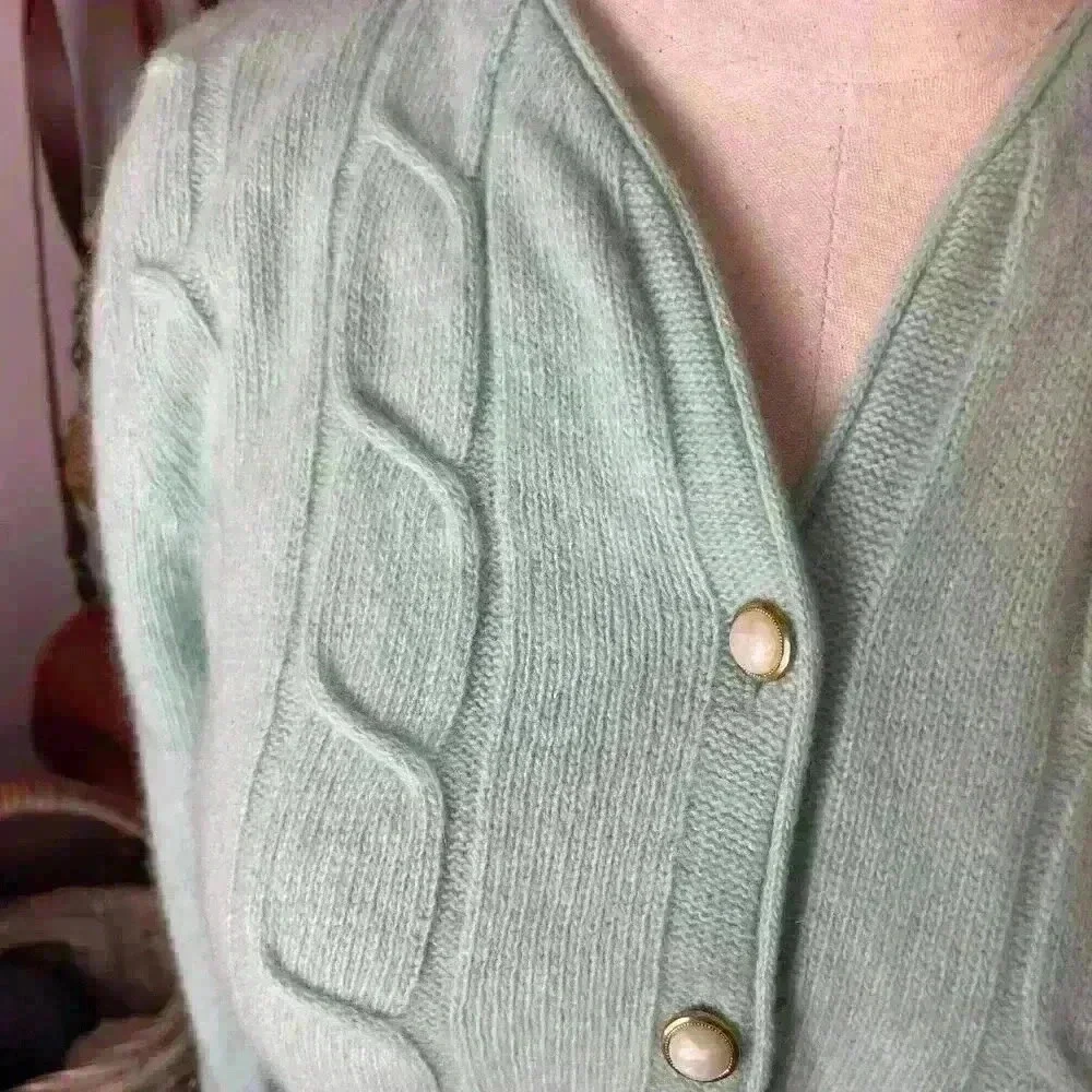 Vintage Pastel Mint Wool & Angora Cable Cardigan - Picture 2 of 10